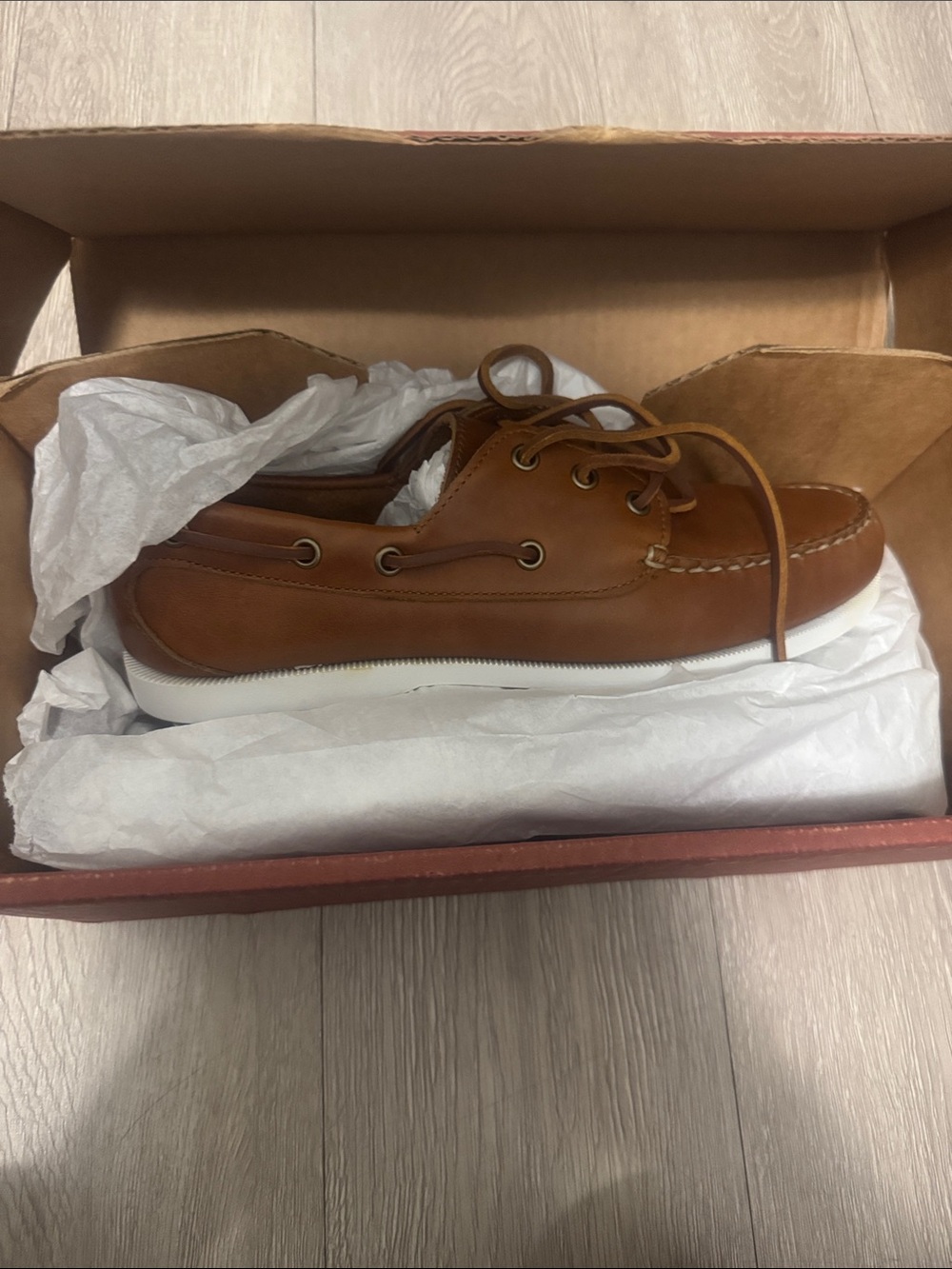 Quoddy Tan Leather Boat Shoes with White Sole